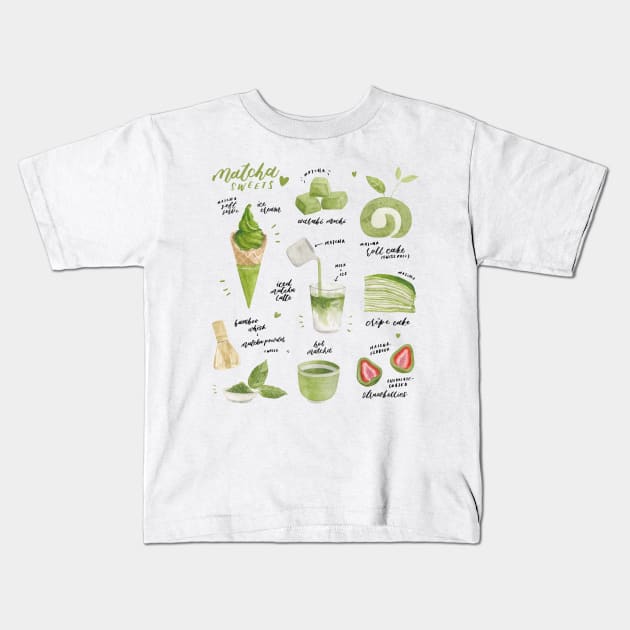 Matcha Sweets Watercolour Painting Kids T-Shirt by Flowering Words